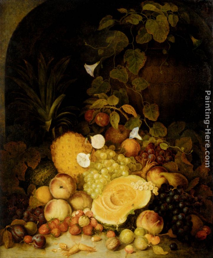 Still Life With Peaches, Plums, Strawberries And Tropical Fruits In An Architectural Miche painting - George Lance Still Life With Peaches, Plums, Strawberries And Tropical Fruits In An Architectural Miche art painting